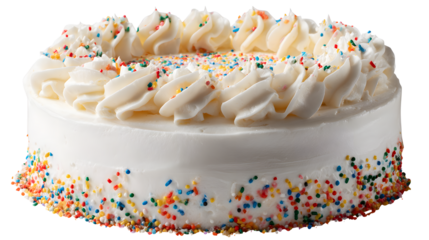 Frosting a round vanilla cake with buttercream frosting isolated on a white background