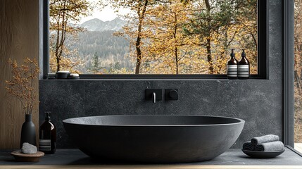 Modern soaking tub with nature view