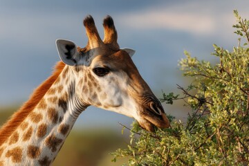 Obraz premium Giraffe enjoys a delicious meal of leaves high in the trees during sunset hours