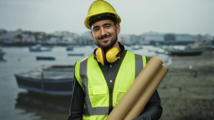 Smiling hispanic man in safety gear holding plans at seaside construction site with boats and water...