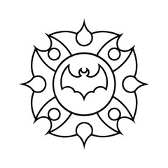 Bat with pointed rays and starburst details Halloween mandala Vector illustration