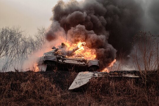russian tank explosion, T72 tank, russian tank on fire, Burning Russian t80 tank, generated image
