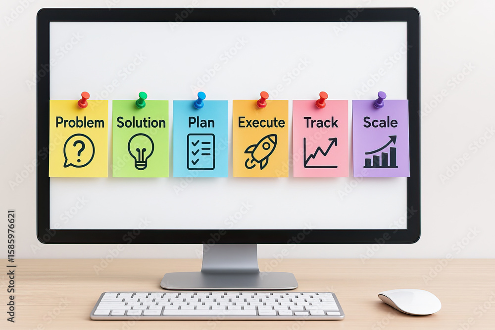 Poster business process concept with colorful sticky notes on computer screen showing problem, solution, pl