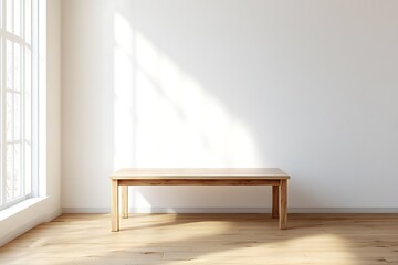 Bright minimalist interior with wooden table against white wall and sunlight, room decor