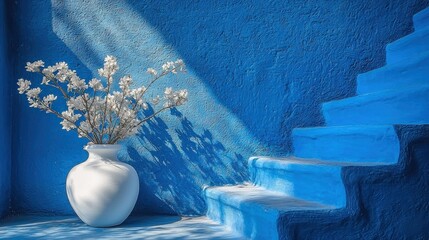 White vase with flowers against blue wall