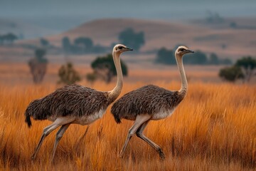 Majestic ostriches sprinting gracefully across golden grasslands at dusk