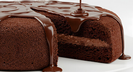 Obraz premium Close-up of decadent chocolate cake with rich texture and dripping sauce – indulgent and tempting dessert image perfect for pastry branding, sweet cravings, menus, and food photography
