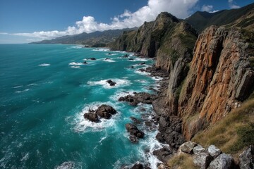 Stunning coastal view with rocky cliffs and vibrant turquoise waters under a bright sky