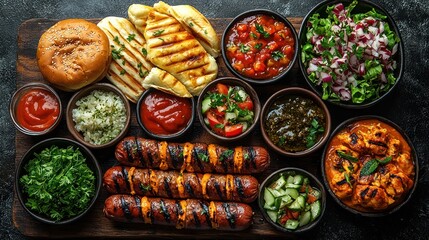 Assortment of grilled foods on wooden board