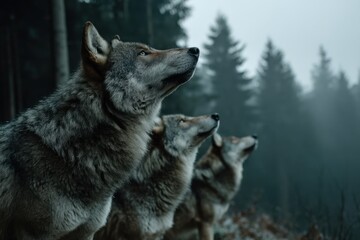 Pack of wolves howling in the evening mist of a dense forest