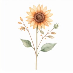 Watercolor Sunflower With Brown Center And Green Leaves