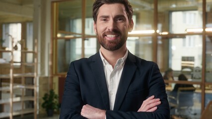 Portrait man Caucasian businessman smiling middle-aged business guy employer in office crossed...