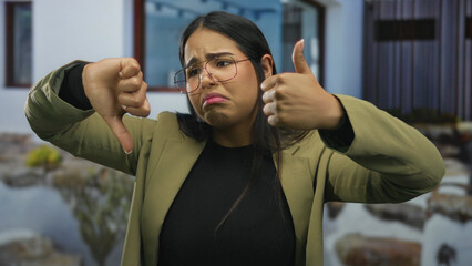 Naklejka premium Woman wearing glasses outdoors gives thumbs up and down in an ambiguous gesture, showcasing uncertainty and mixed emotions in her expression.