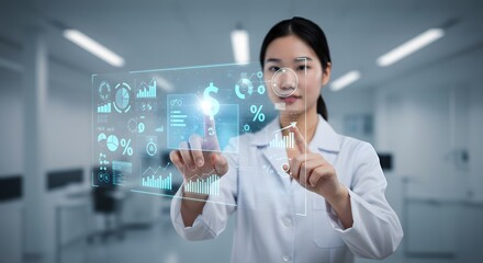 Asian Doctor Interacting with Futuristic Holographic Interface in Modern Lab