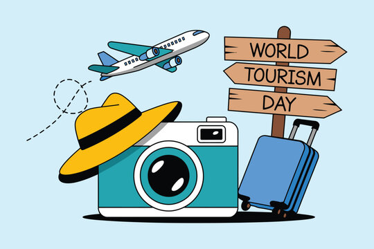 Airplane camera hat and suitcase near world tourism day sign