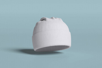 Blank white beanie cap mock up, isolated, depth of field, High Resolution 3d rendering. for mockup. Clear fashion tuque for cold weather template.