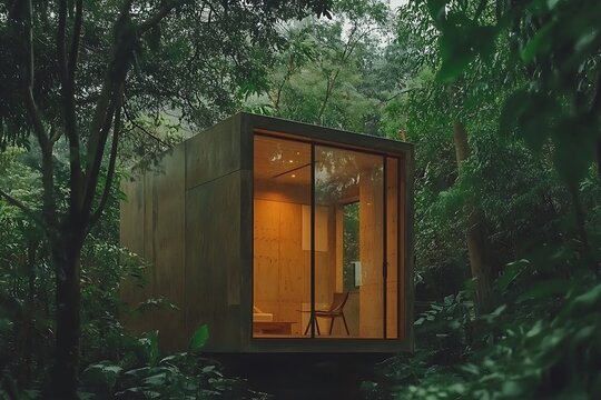 Fototapeta Modern Cabin in Lush Green Forest with Warm Interior Light
