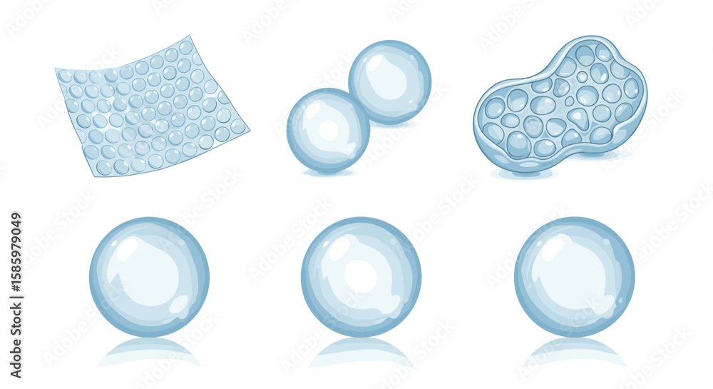 Poster collection of various translucent shapes with bubble like textures and oval forms displayed on white
