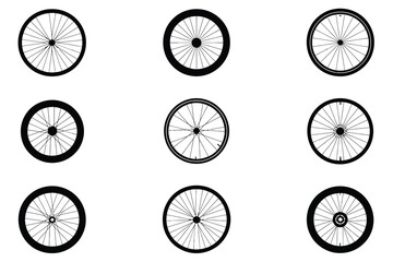 Nine Black Bicycle Wheels on White Background bike wheel