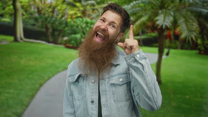 Man with long beard wearing denim jacket points finger upward toward sky on a winding path in green...