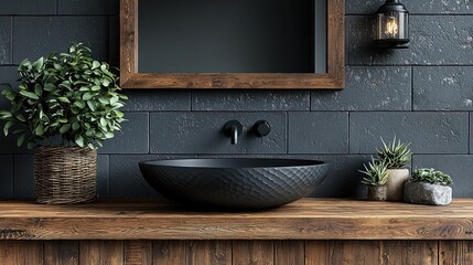 Dark gray bathroom sink with wooden countertop