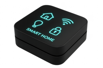 Smart Home Control Hub Showing Luminous Icons for House, Light Bulb, Lock and Wifi on Transparent Background