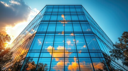 Modern glass skyscraper sunset reflection