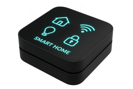 Smart Home Control Hub Showing Luminous Icons for House, Light Bulb, Lock and Wifi on Transparent Background