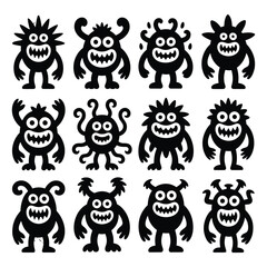 Fototapeta premium Twelve Black Silhouette Monsters With Big Eyes and Sharp Teeth