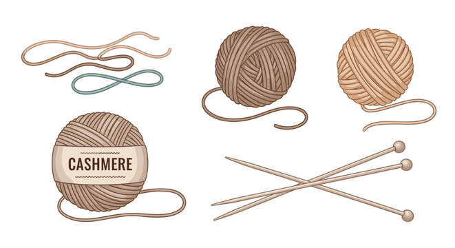 Illustration of yarn balls, loose strands, and knitting needles in a crafting scene design element