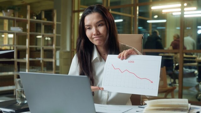 Asian businesswoman business woman analyst girl call video conference laptop in office upset Chinese Japanese female analysis data presentation graph loss finance debt crisis bankrupt decrease sales - Powered by Adobe