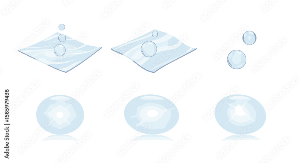 Poster illustration showing water droplets landing on surfaces and forming larger drops in a sequence view