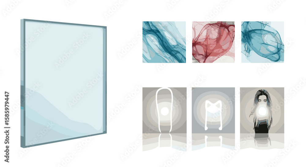 Poster a display with three abstract watercolor art pieces and three glowing figure art pieces on display s