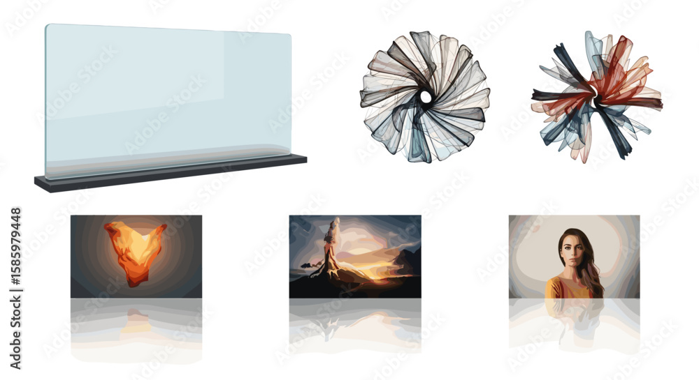 Aufkleber display of diverse artwork including abstract designs and portrait in a gallery setting or presentat