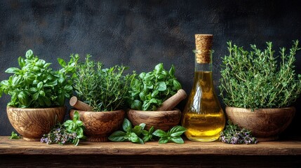 Fresh herbs in wooden bowls and bottle