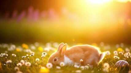 Golden Hour Scene with Fluffy Light Brown Rabbit Among Daisies and Easter Eggs in a Sunlit Meadow with Lens Flare - Powered by Adobe