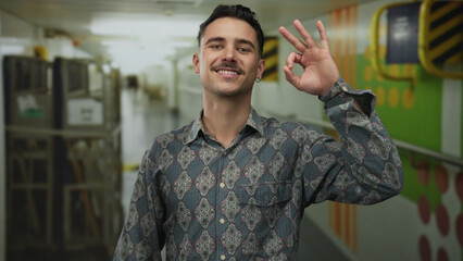 Young man on cruise boat corridor making ok gesture with a cheerful smile, showcasing relaxation...