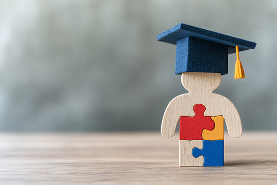 Graduation Success: Puzzle figure with graduation cap symbolizes education, progress, and completing all the pieces for a bright future.