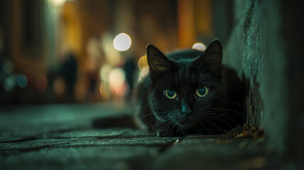 In an urban alley at night, a stealthy cat lies low, its glowing eyes reflecting the faint light. Shadows and stone create a mysterious atmosphere as it observes the bustling street