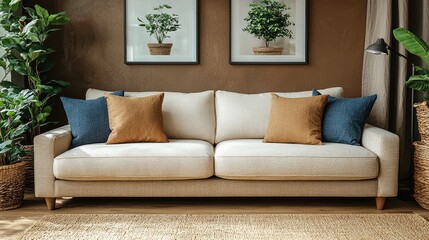 Cream sofa with cushions in living room