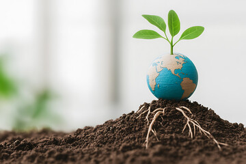 The image represents environmental stewardship, showing a seedling planted in a globe atop soil. It symbolizes growth and global sustainability efforts.