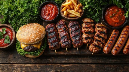 Grilled skewers hamburger and fries