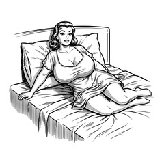 Hand-Drawn Vintage Style Engraving of Pin-Up Woman Posing on a Bed, drawn in an engraved, woodcut style with fine details sketch engraving vector illustration