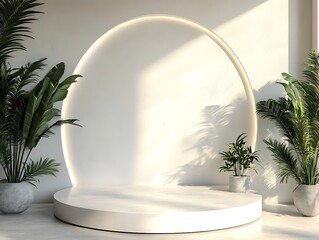Minimalist Product Display Platform with Plants and Circle Light Backdrop
