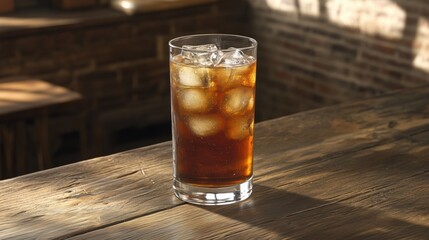 Iced tea refreshment served in a glass with ice cubes on a wooden table in a cozy cafe during afternoon sunlight