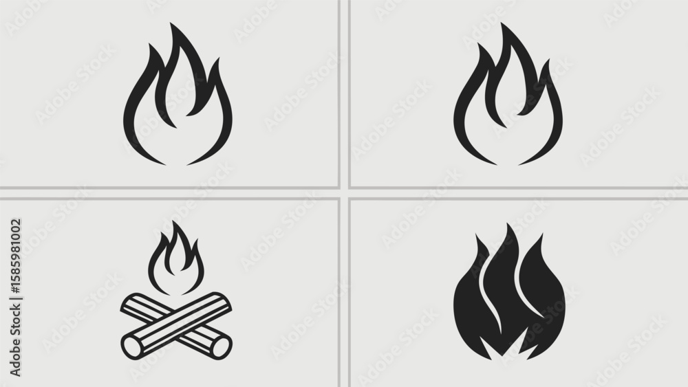 Poster set of four stylized flame icons representing fire and warmth in simple line art