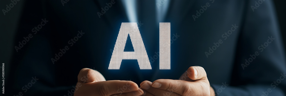 Poster ai concept shown by the glowing letters in hands of a person wearing a formal outfit. the letters ar