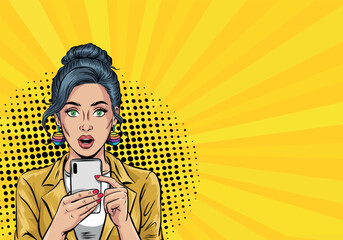 Vector illustration in retro pop art style. Beautiful surprised girl with phone