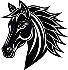 A horse head with a flowing mane is isolated on a white background