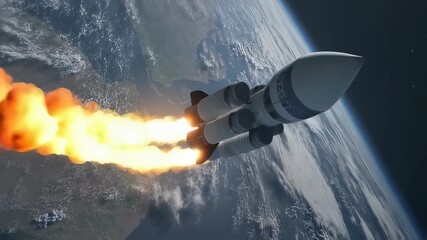 Rocket launch escaping earth's atmosphere with fiery trail and expansive earth view